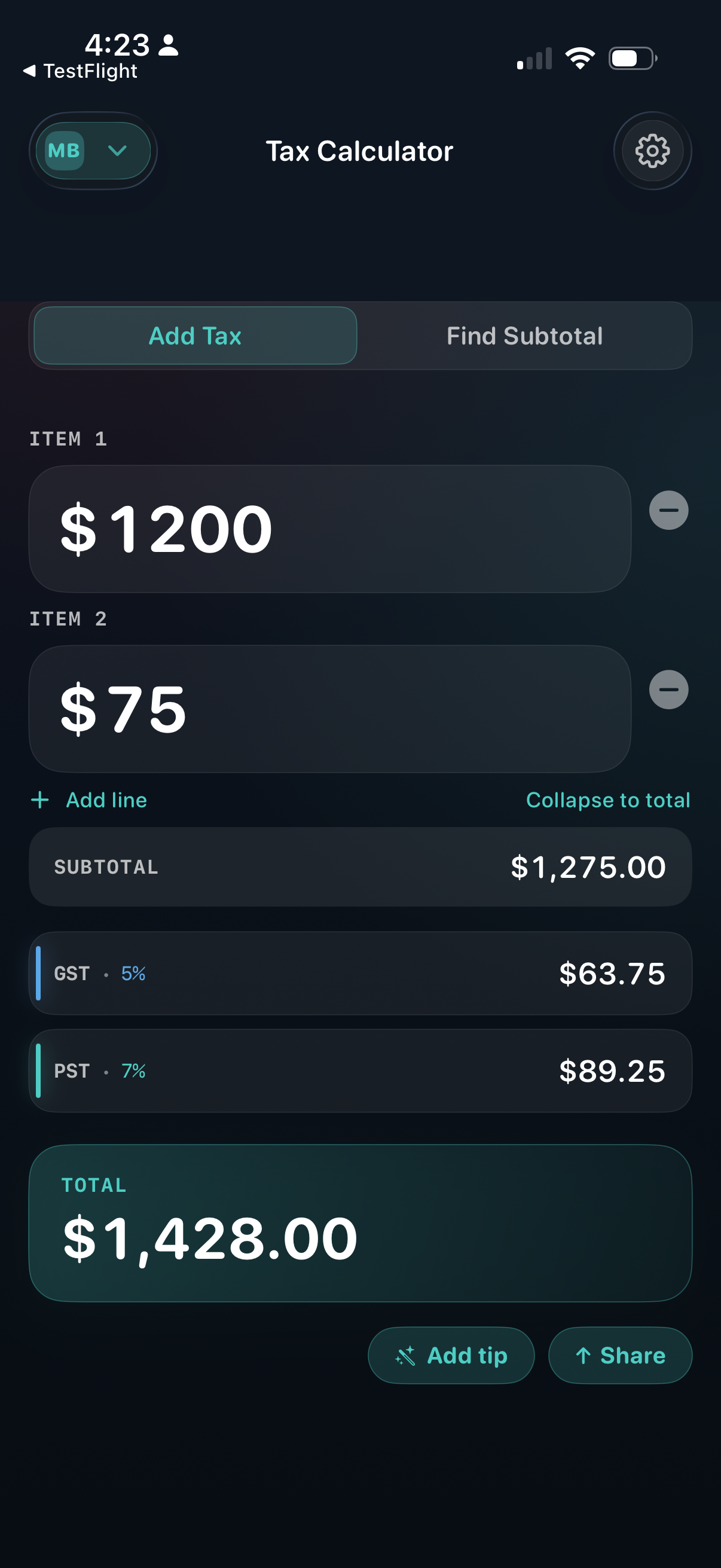 Tax Calculator for Manitoba with two items totalling $1,275.00, GST 5% and PST 7% broken out, and a $1,428.00 total