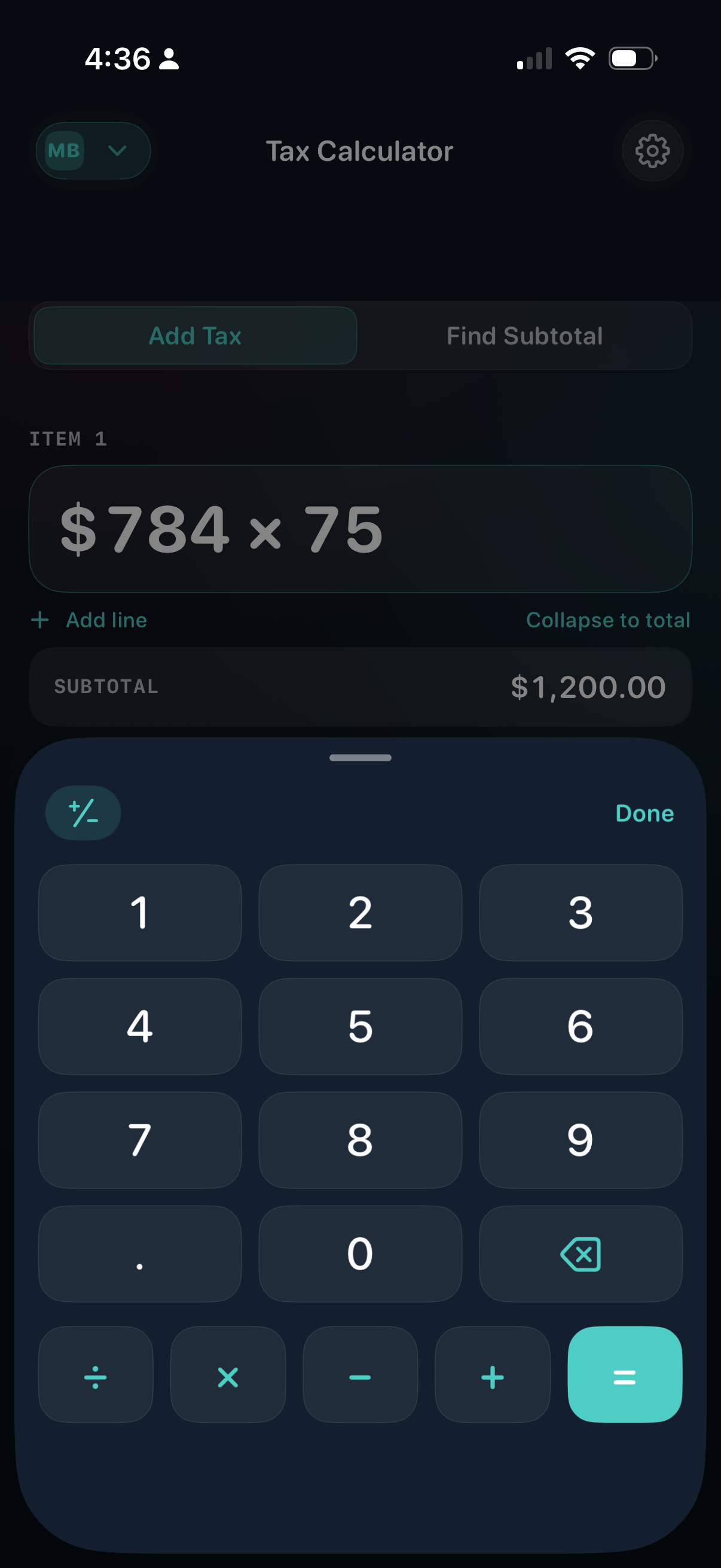 Tax Calculator with the built-in keypad open, showing an item being entered as $784 × 75 with a $1,200.00 subtotal